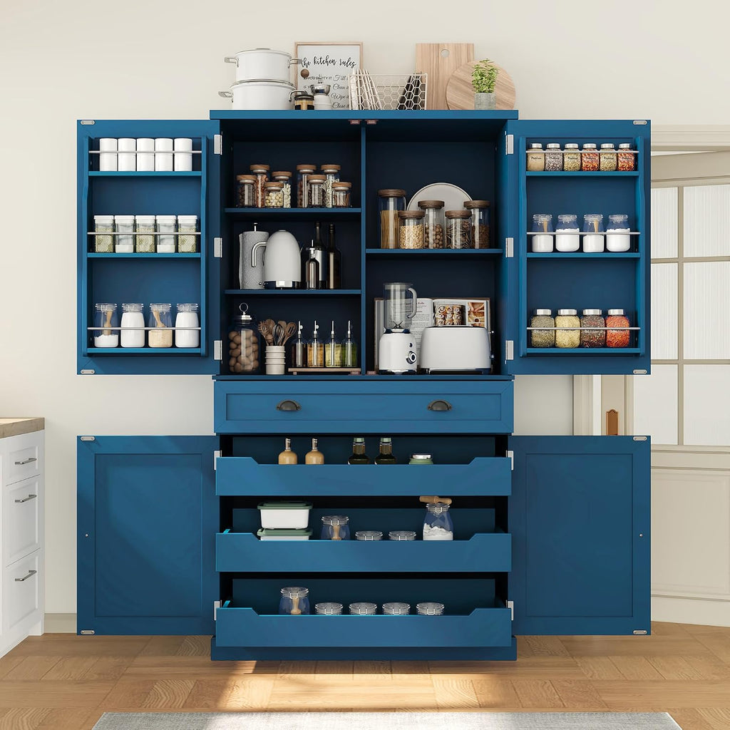 VilroCaz Freestanding 4 Doors Kitchen Pantry, Wood Kitchen Cupboard Storage Cabinet with 6 Door Shelves, Drawer and 3 Pull-Out Trays for Dining Room (Blue-4.14)