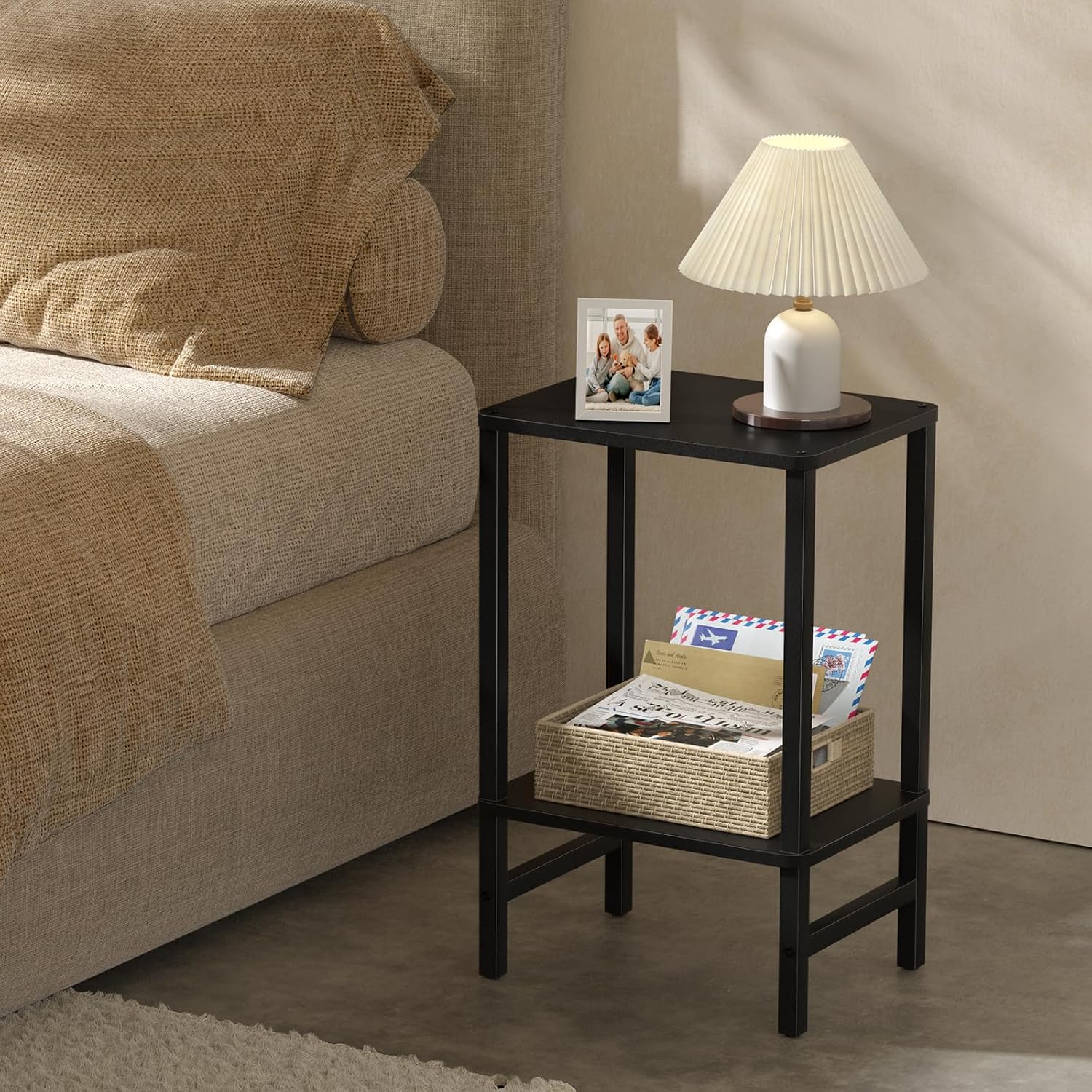 YUFAM Side Table End Table Tall Night Stand 2-Tier for Living Room Bedroom Bathroom Office Furniture Black