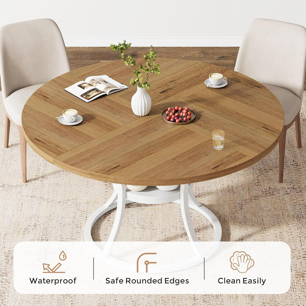 47'' Round Dining Table for 4-6, Farmhouse Dining Room Table with Storage Shelf, Space-Saving Kitchen Table Color-Block Design with Metal Base for Kitchen & Dining Room (Light Brown & White)