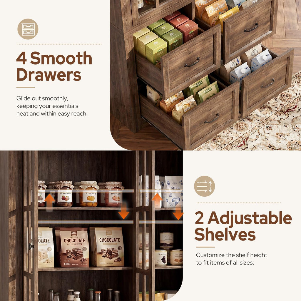 80" Modular Kitchen Pantry Cabinet, 2-in-1 Freestanding Tall Pantry Cabinet with Glass Doors & Adjustable Shelves, Large Hutch Storage Cabinet for Kitchen & Living Room (2, Cracked Oak, AB)