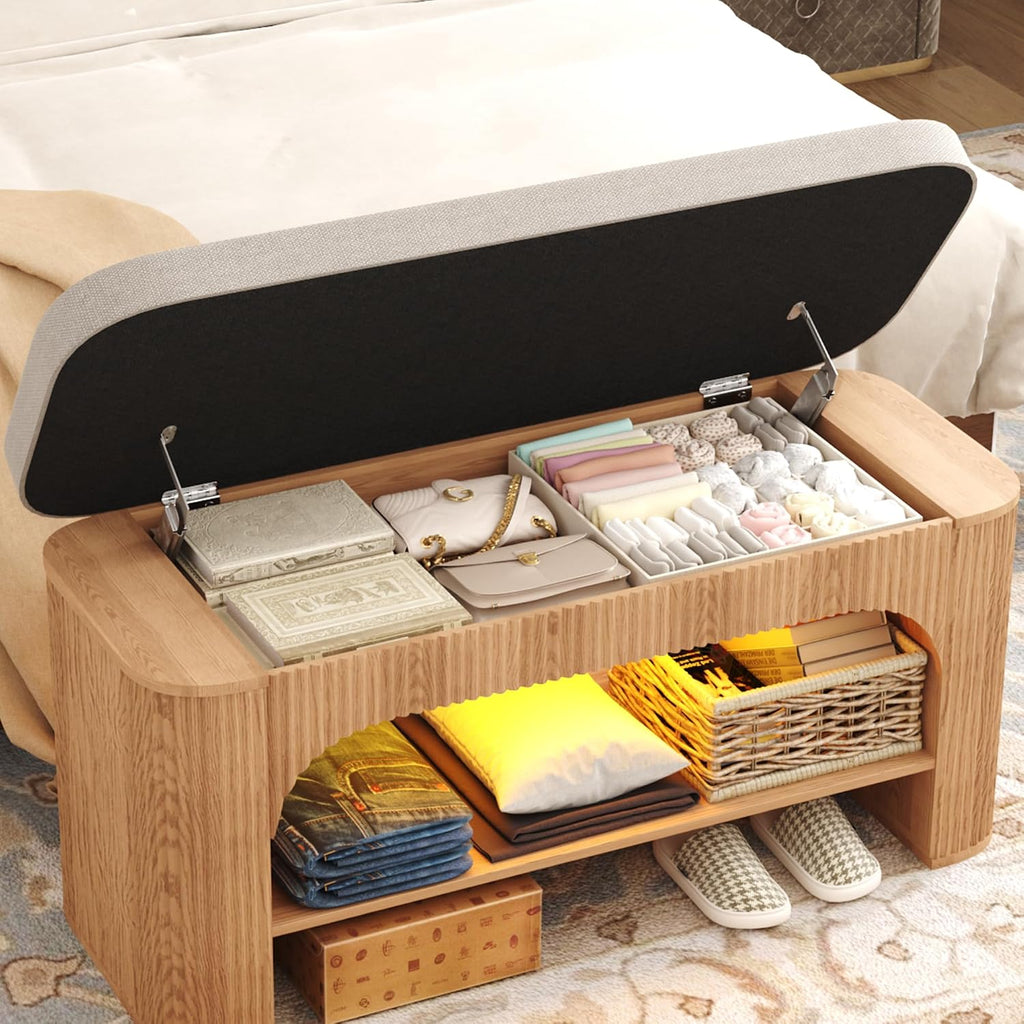 HOMEFORT 40.2" Fluted Storage Bench with Built-in LED Light, Flip-Top Shoe Bench with Cushioned Seat and Open Storage Shelf,Wood Accent Arched Bench for Entryway, Bedroom, Living Room, Natural Oak