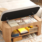 HOMEFORT 40.2" Fluted Storage Bench with Built-in LED Light, Flip-Top Shoe Bench with Cushioned Seat and Open Storage Shelf,Wood Accent Arched Bench for Entryway, Bedroom, Living Room, Natural Oak