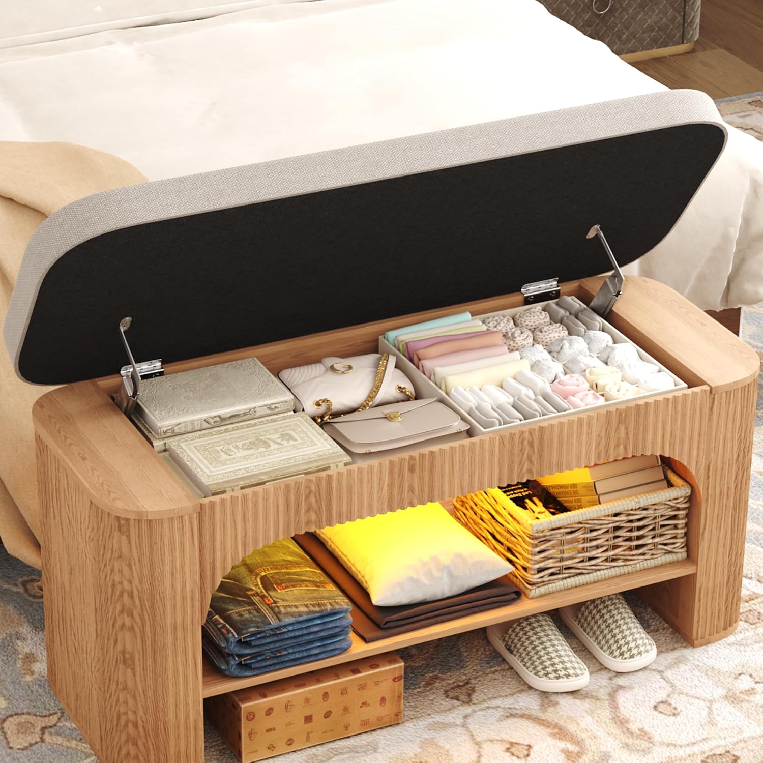 HOMEFORT 40.2" Fluted Storage Bench with Built-in LED Light, Flip-Top Shoe Bench with Cushioned Seat and Open Storage Shelf,Wood Accent Arched Bench for Entryway, Bedroom, Living Room, Natural Oak