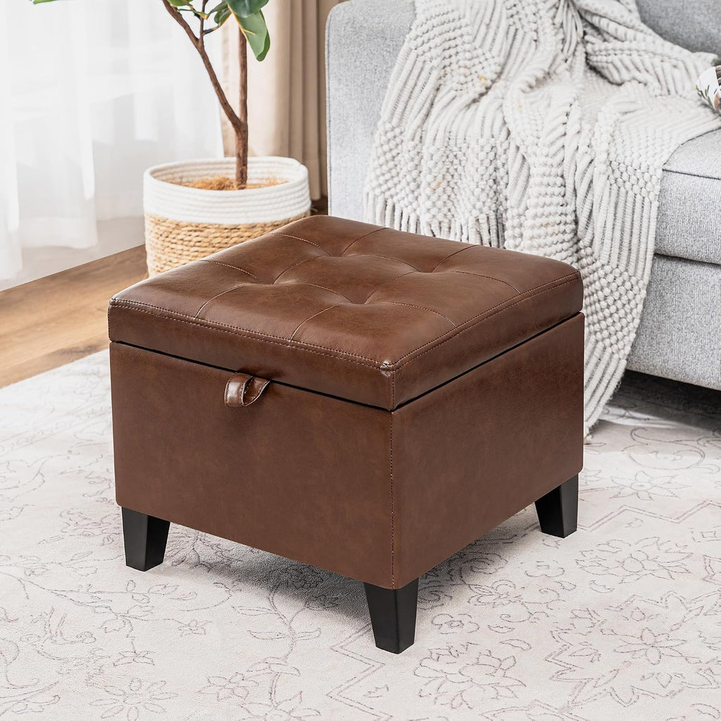 Asense 17 Inch Storage Ottoman Foot Rest,Square Faux Leather Foot Stool,Small Ottoman with Storage,Padded Seat for Entryway,Living Room,Bedroom,Couch,Under Desk,Coffee