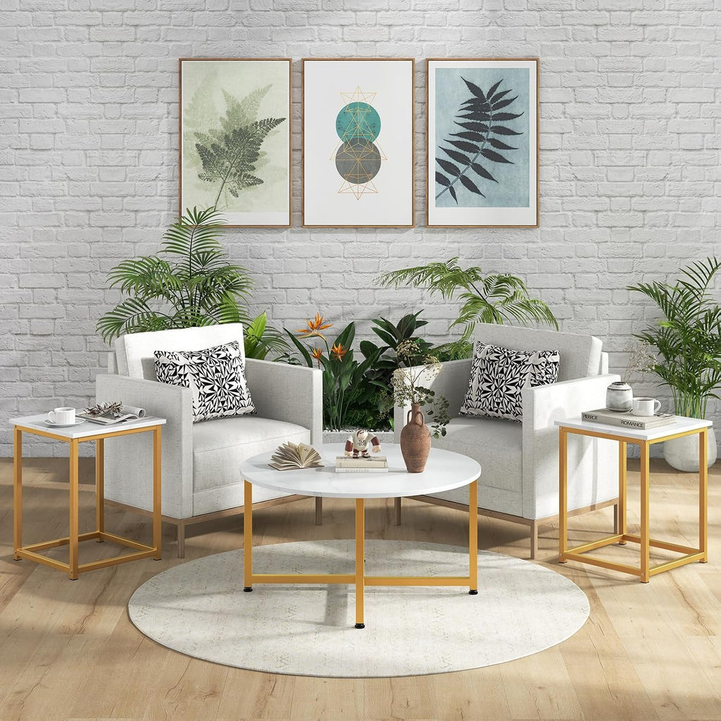 GIANTEX Round Nesting Table Set of 3, Wood Living Room Table Set, White | Modern Faux Marble Coffee Table w/2 End Tables, Sturdy Metal Frame, 3-Piece Coffee Table for Living Room