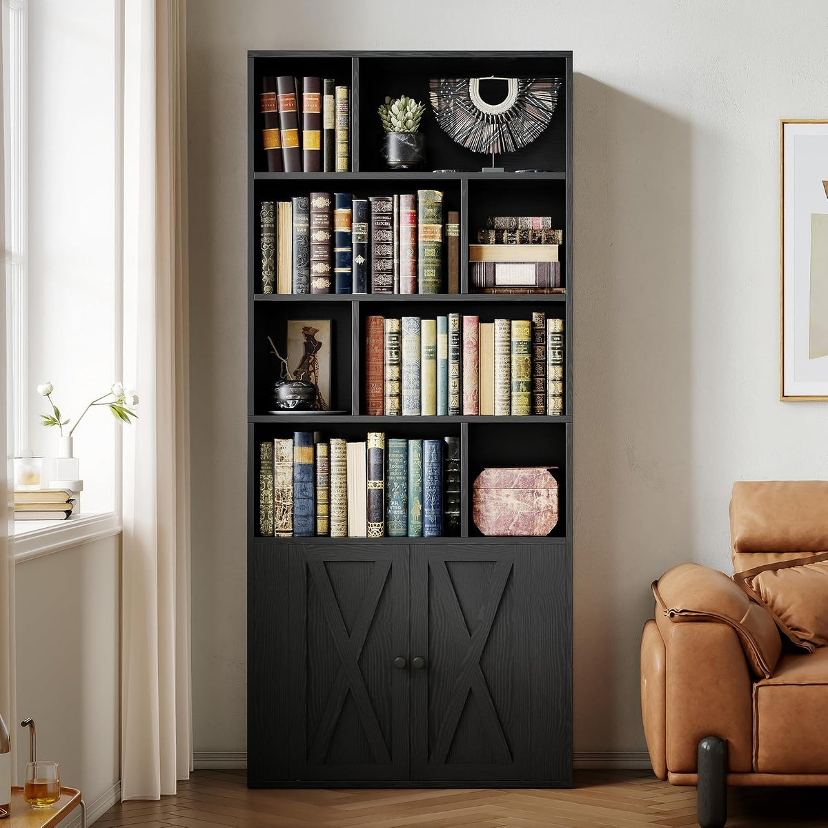 IRONCK 4-Tier Bookcase with Doors, Tall Storage Bookshelf, Black