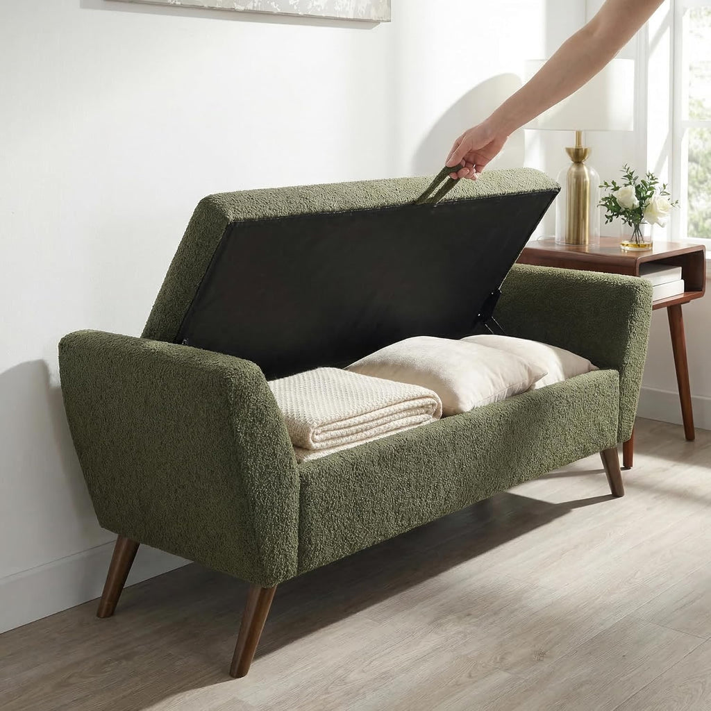 60'' Modern Upholstered Storage Ottoman Bench with Mid-Century Wood Legs, Entryway Bench with Hidden Storage for Living Room, Bedroom, and End of Bed, Comfort Padded Seat (B-Green)