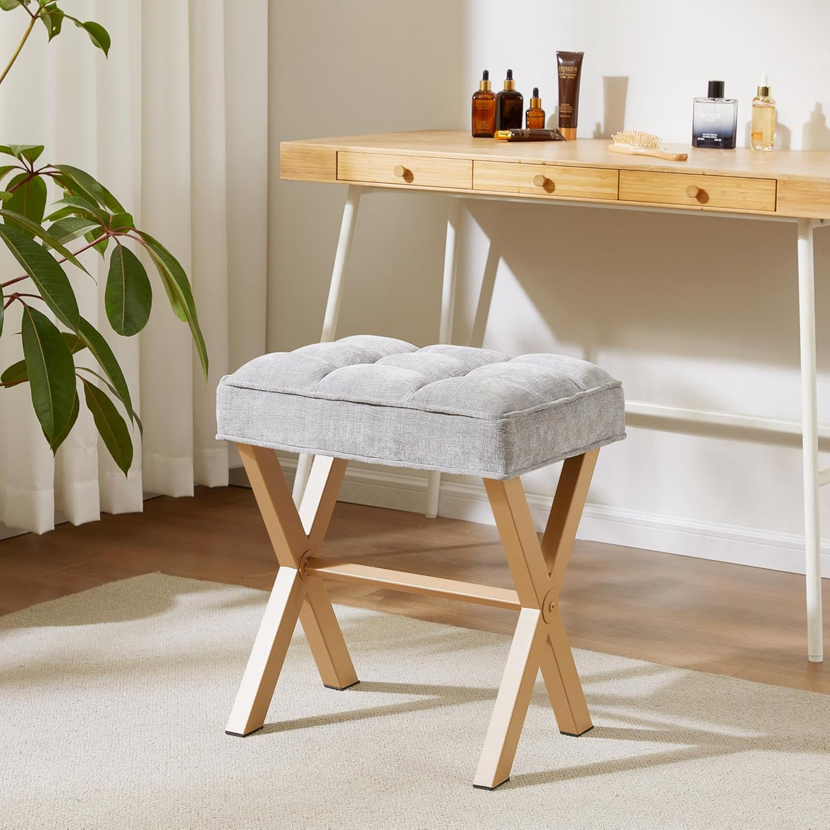Royal Windsor Vanity Stool,Small Makeup Chair with Metal X Legs | Square Foot Stool,Modern Vanity Chair,Upholstered Vanity Seat for Entryway,Bedroom and Living Room,Light Grey+Yellow