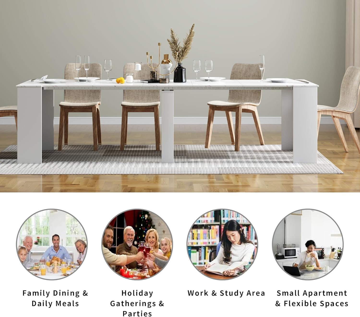 Transformer Table, Extendable Dining Table for 2-12 People, Marble White