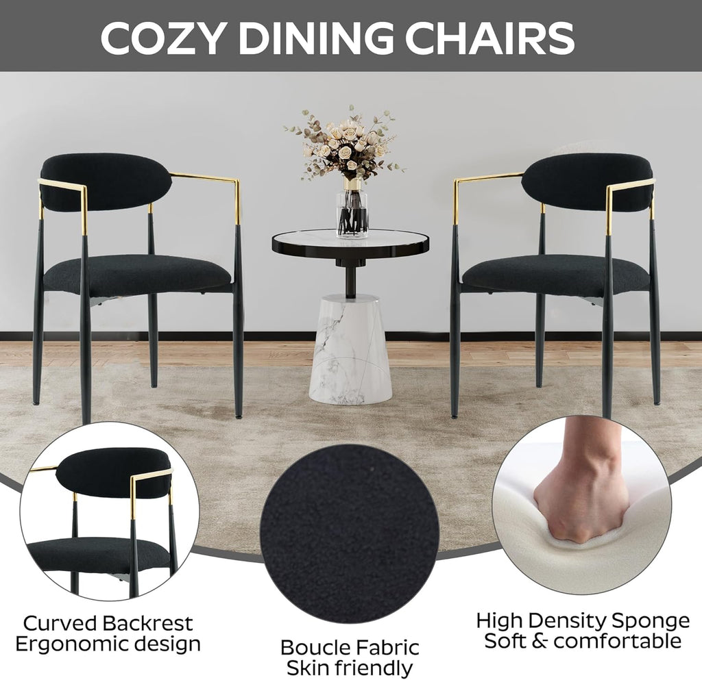 Baysitone Dining Chairs Set of 2 Mid-Century Modern Upholstered Boucle Dining Room Chairs Open Back Curved Backrest Black Metal Legs Gold Armchairs for Kitchen Living Room, Black(Only Chairs)