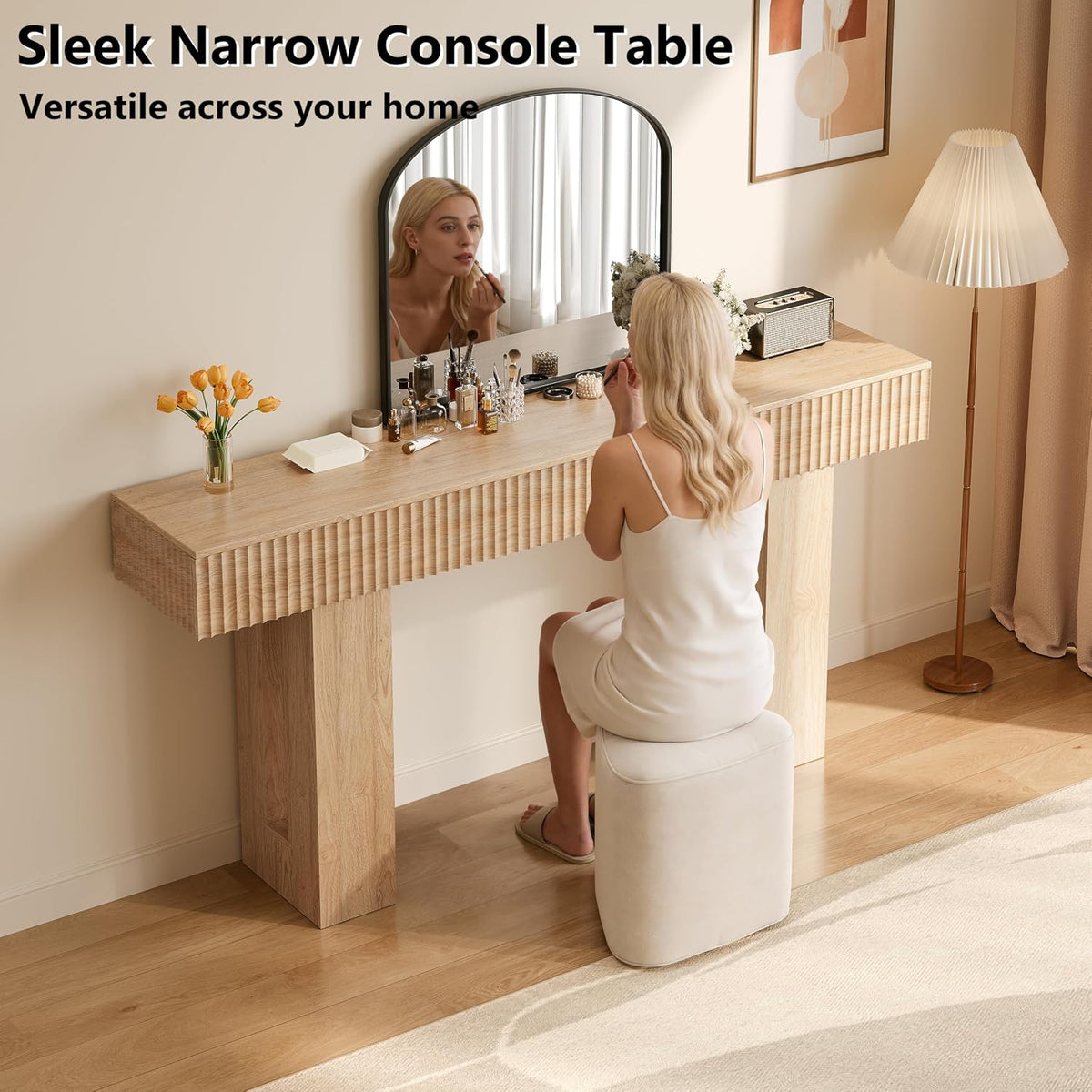 63-Inch Long Entryway Console Table with a Fluted Design, Thick Wood Farmhouse Sofa Table Behind Couch, Narrow Hallway Accent Table for Living Room, Foyer, Entrance, Natural Oak