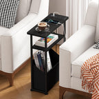 Yusong Narrow Side Table for Small Spaces, Skinny Charging End Table with Storage Basket, 3 Tier Slim Sofa Couch Bedside Table, Thin Nightstand for Bedroom, Living Room, Black