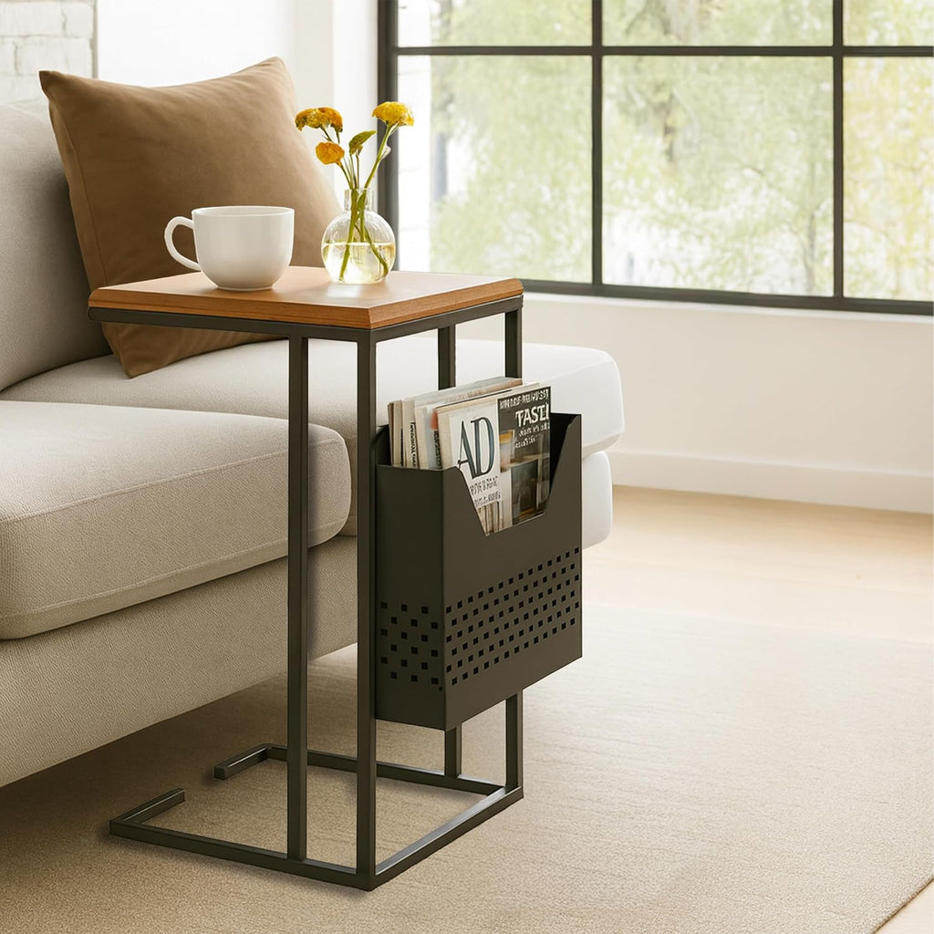 Relaxdays side table with magazine holder, HWD: 63x30x37 cm, wood, metal, C-shape, industrial design, brown/black
