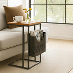 Relaxdays side table with magazine holder, HWD: 63x30x37 cm, wood, metal, C-shape, industrial design, brown/black