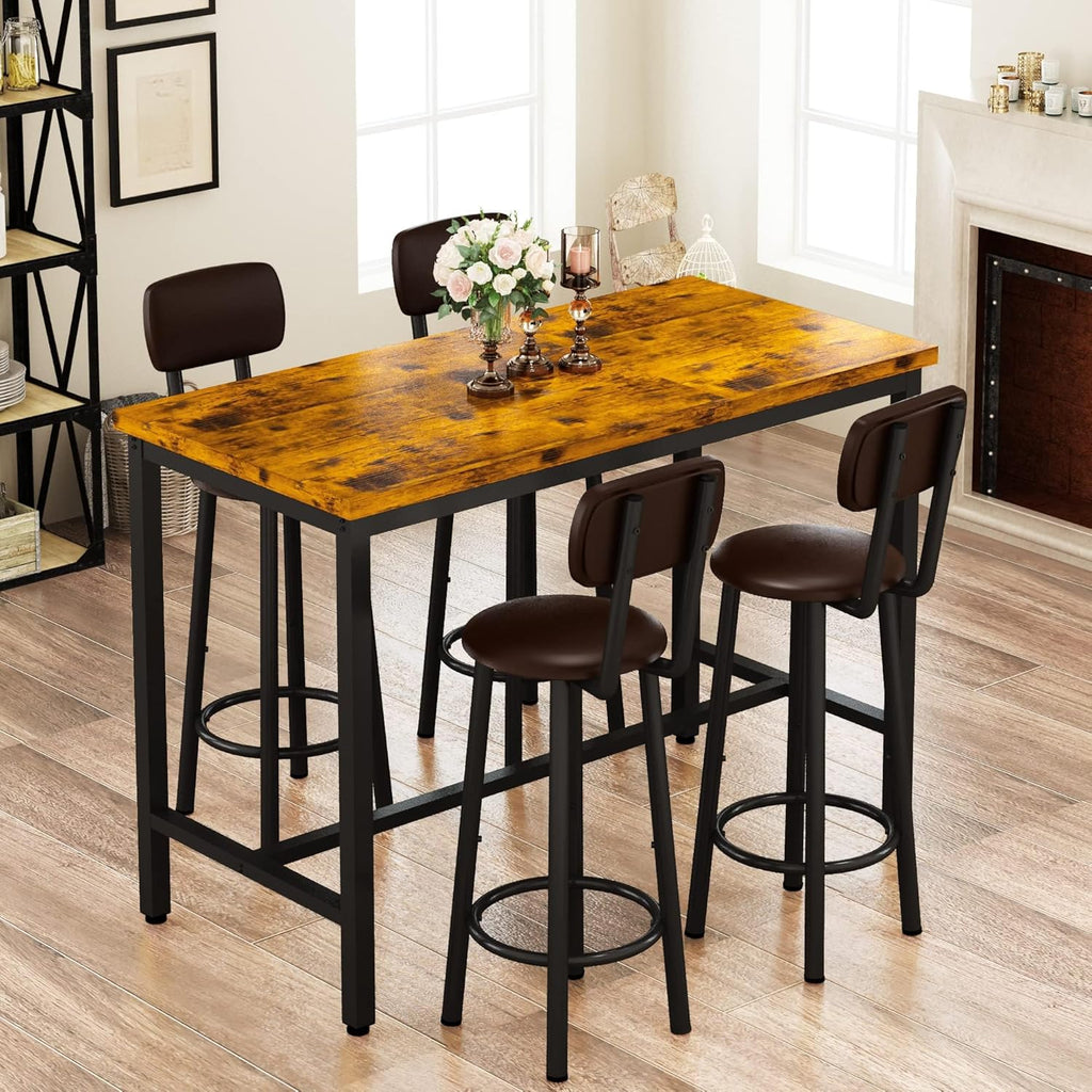 Lamerge Bar Table Set for 4 Kitchen Table and Chairs Set, Industrial Dinner Table with 4 PU Upholstered Stools Kitchen Pub Table for Kitchen, Space Saving, Restaurant (Rustic Brown and Black)