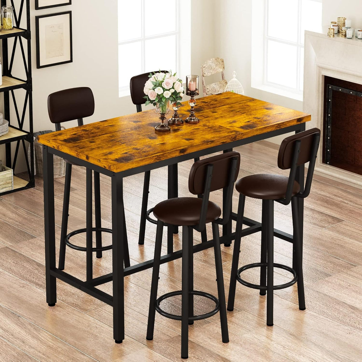 Lamerge Bar Table Set for 4 Kitchen Table and Chairs Set, Industrial Dinner Table with 4 PU Upholstered Stools Kitchen Pub Table for Kitchen, Space Saving, Restaurant (Rustic Brown and Black)