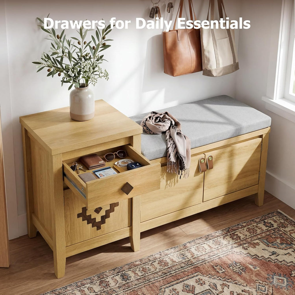 Entryway Bench with Storage, 3 in 1 Storage Bench with 1 Drawer and 2 Cubbies, 44" Rustic Wooden Seat with Cushion for Living Room, Bedroom, Entry Hall (Natural)
