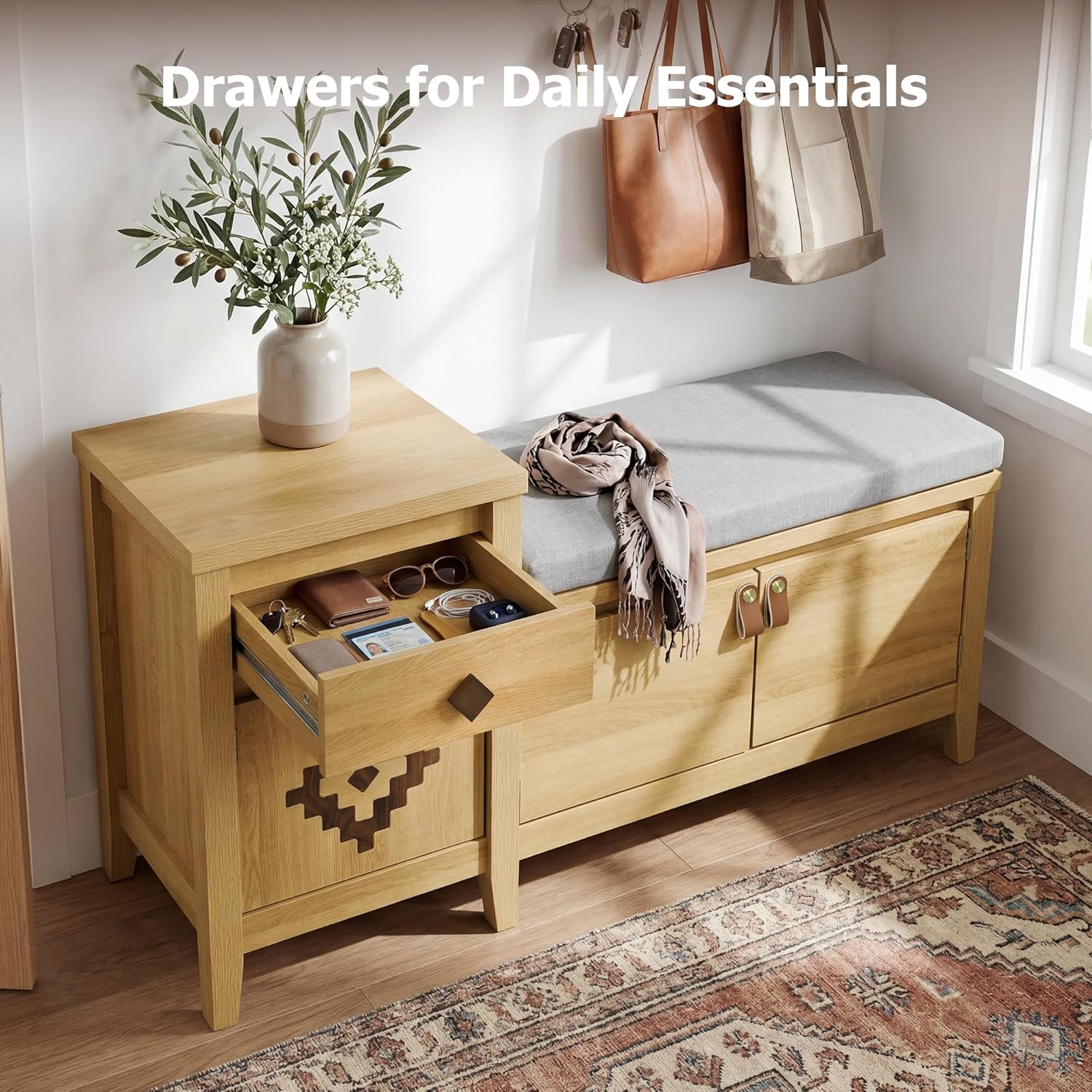 Entryway Bench with Storage, 3 in 1 Storage Bench with 1 Drawer and 2 Cubbies, 44" Rustic Wooden Seat with Cushion for Living Room, Bedroom, Entry Hall (Natural)