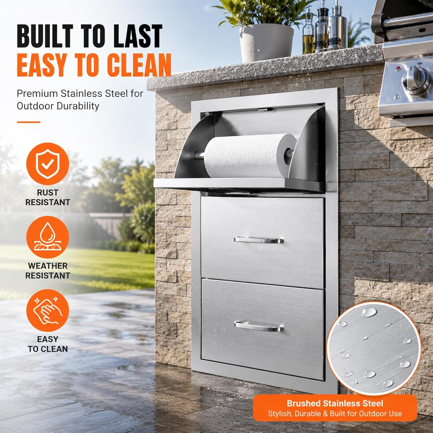 Outdoor Kitchen Drawers, 17" W x 30" H x 21" D Stainless Steel BBQ Drawer with Paper Towel Holder Combo, Flush Mount Triple Access Drawers with Handle for Outdoor Kitchen Island, Patio Grill Station
