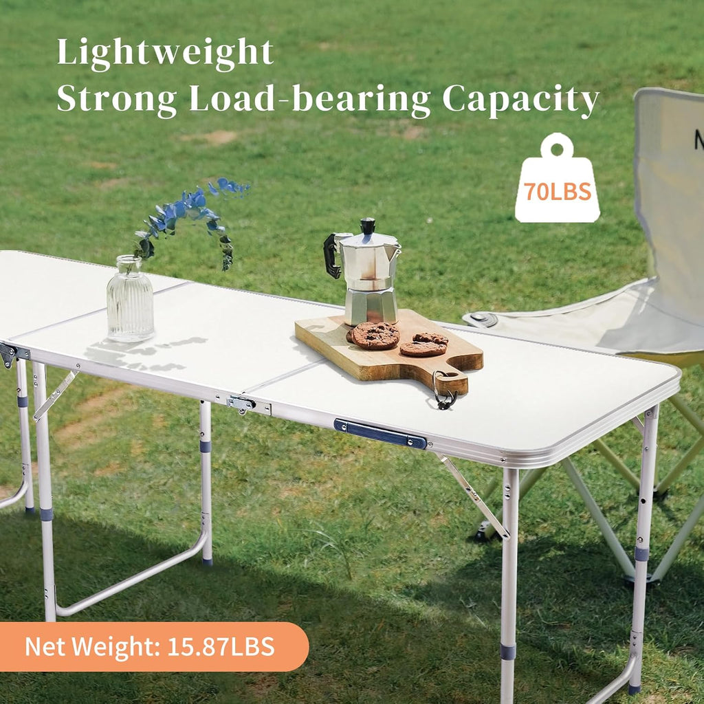 6FT Folding Dining Table, Portable Aluminum Picnic Table with Adjustable Height, Foldable Lightweight Collapsible Camp Table Desk with Carrying Handle for Indoor Outdoor Activities Events