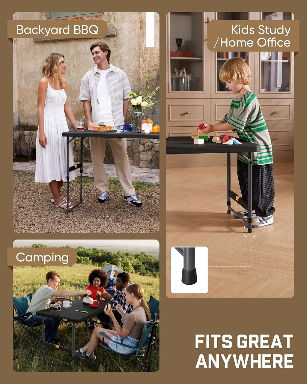 FanttikOutdoor Folding Table 4 Foot Quick Adjust, 4 Heights Camping, Party | Effortless Adjustable Height Foldable Small Card Table, Fixing Lock, Carry Handle, Indoor Outdoor, 2-Pack Black Zeta X4 Pro