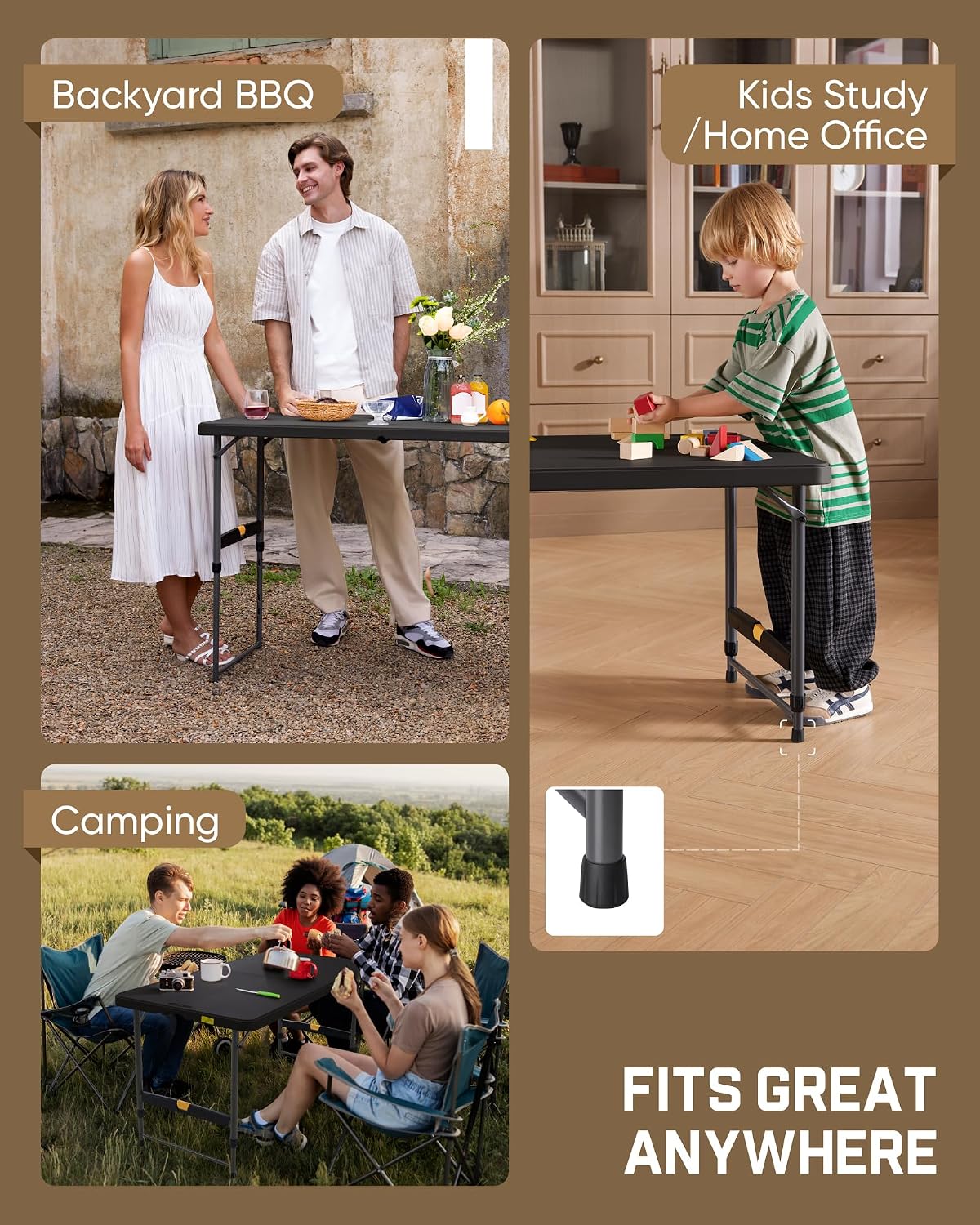 FanttikOutdoor Folding Table 4 Foot Quick Adjust, 4 Heights Camping, Party | Effortless Adjustable Height Foldable Small Card Table, Fixing Lock, Carry Handle, Indoor Outdoor, 2-Pack Black Zeta X4 Pro
