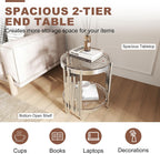 Round Glass End Table, 2-Tier Small Side Table with Tempered Glass Top and Sliver Stainless Steel Legs, Elegant Sofa Accent Table for Living Room, Bedroom, Easy to Assembly