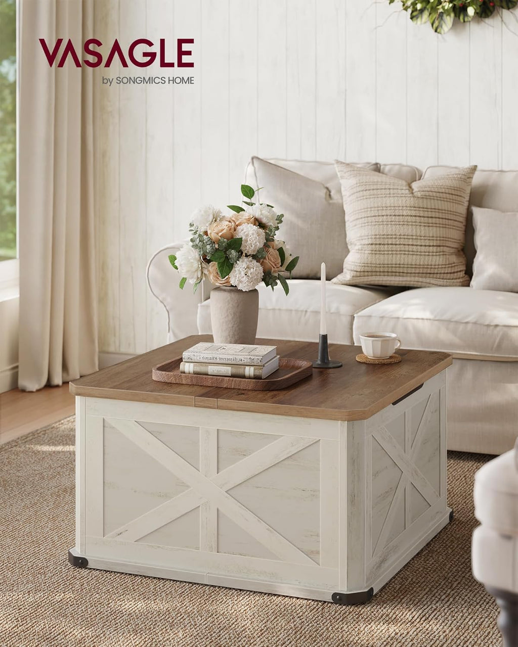 VASAGLE LIRY Collection - Farmhouse Coffee Table with Storage, Square Coffee Table for Living Room, Center Table with Flip-Top Lids, Honey Brown and Rustic White ULCT232W73