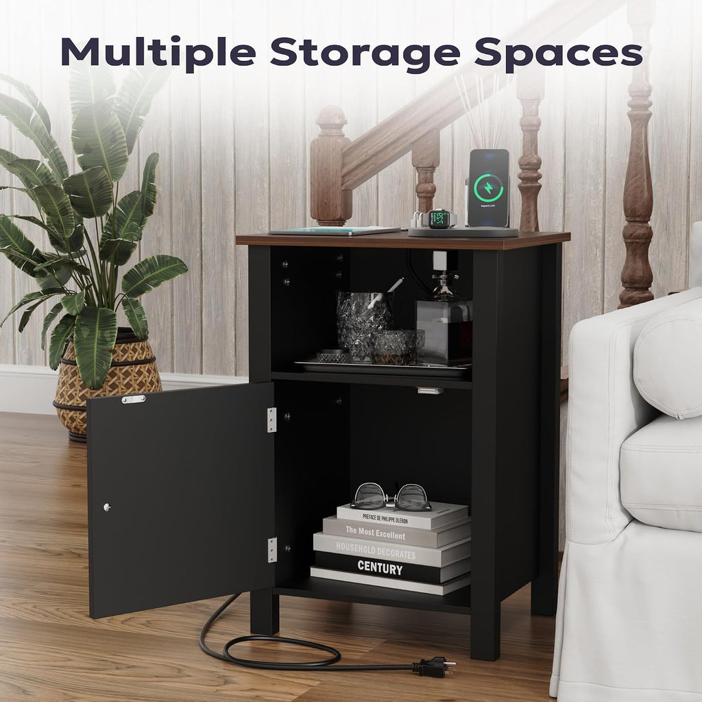 Furnify Nightstand with Charging Station, Night Stand Set of 2, Black | Farmhouse Rustic Night Stand with USB Ports & Open Storage Shelf, Modern Bedside Table with Door, Small End Table for Bedroom
