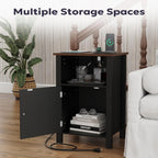 Furnify Nightstand with Charging Station, Night Stand Set of 2, Black | Farmhouse Rustic Night Stand with USB Ports & Open Storage Shelf, Modern Bedside Table with Door, Small End Table for Bedroom