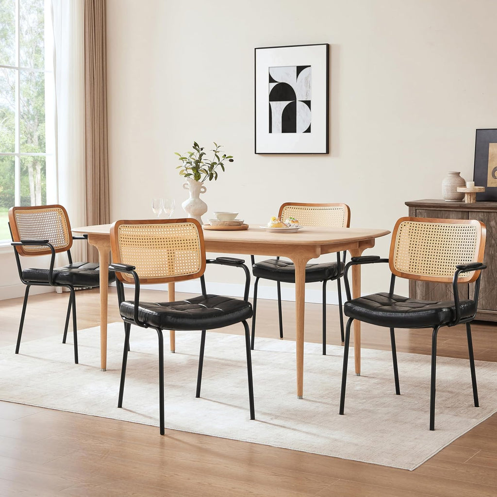 Art Leon Rattan Dining Chairs Set of 4 - Mid Century Modern Dining Chairs with Cane Back, Faux Leather Upholstered Kitchen Chairs, Accent Arm Chairs with Black Metal Legs, Black