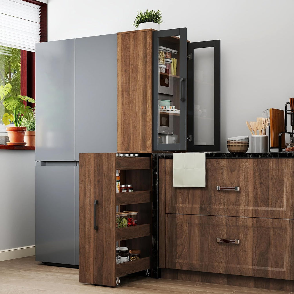 70.9" H Display Storage Cabinet , 4 Tier Multi-functional Pull-out Multi-tier Storage Shelf & 2 Glass Doors, Modern Wooden Kitchen Pantry Cabinet for Living Room or Kitchen and Dinning Room (Walnut)