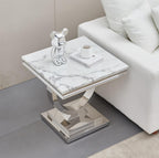 White Faux Marble End Table,Modern Sofa Side Tables with Silver Mirrored Stainless Steel Base and Faux Marble Tabletop for Home Office Living Room (White Silver End Table)