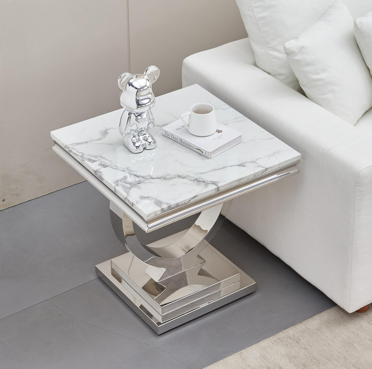 White Faux Marble End Table,Modern Sofa Side Tables with Silver Mirrored Stainless Steel Base and Faux Marble Tabletop for Home Office Living Room (White Silver End Table)