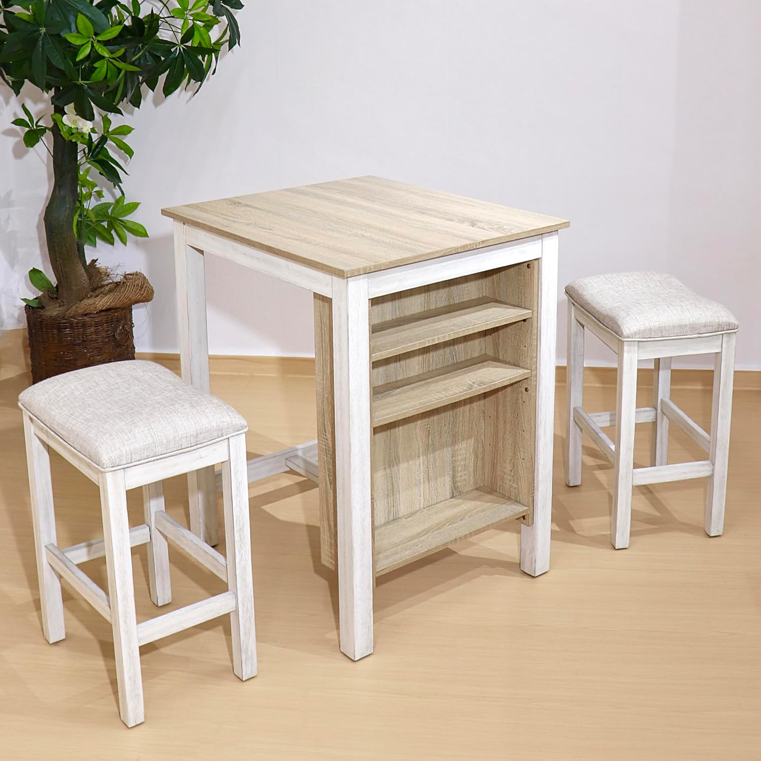 3-Piece Wooden Dining Table Set, Kitchen Island with Seating for 2, Kitchen Bar Table with Stools, Counter Height Dining Table Set, Weathered Birch & Antique White, Farmhouse Style