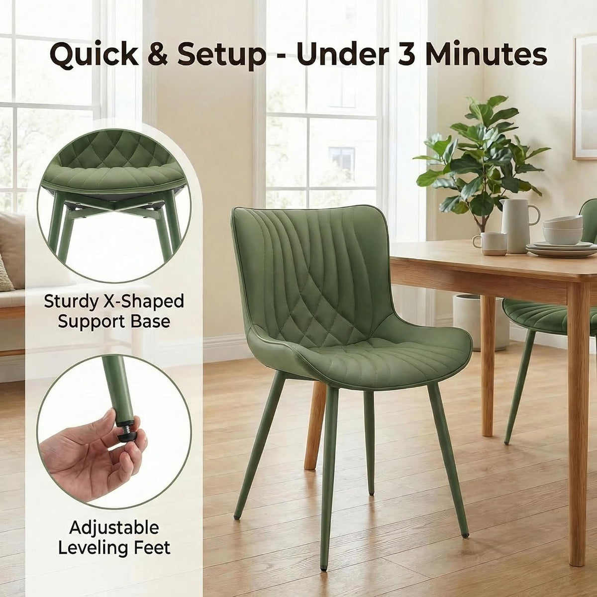 Kidol & Shellder Dining Chairs Set of 2, Mid Century Modern Kitchen Chairs with Metel Legs, PU Leather Upholstered Side Chair for Dining Room, Living Room, Lounge, Restaurant, Bean Green