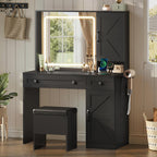 WLIVE Farmhouse Vanity Desk with LED Mirror & Stool, Black | Charging station (2AC+2USB), 3CCT lighted mirror, Sturdy FSC wood (165lbs), Hair dryer holder, W/ stool