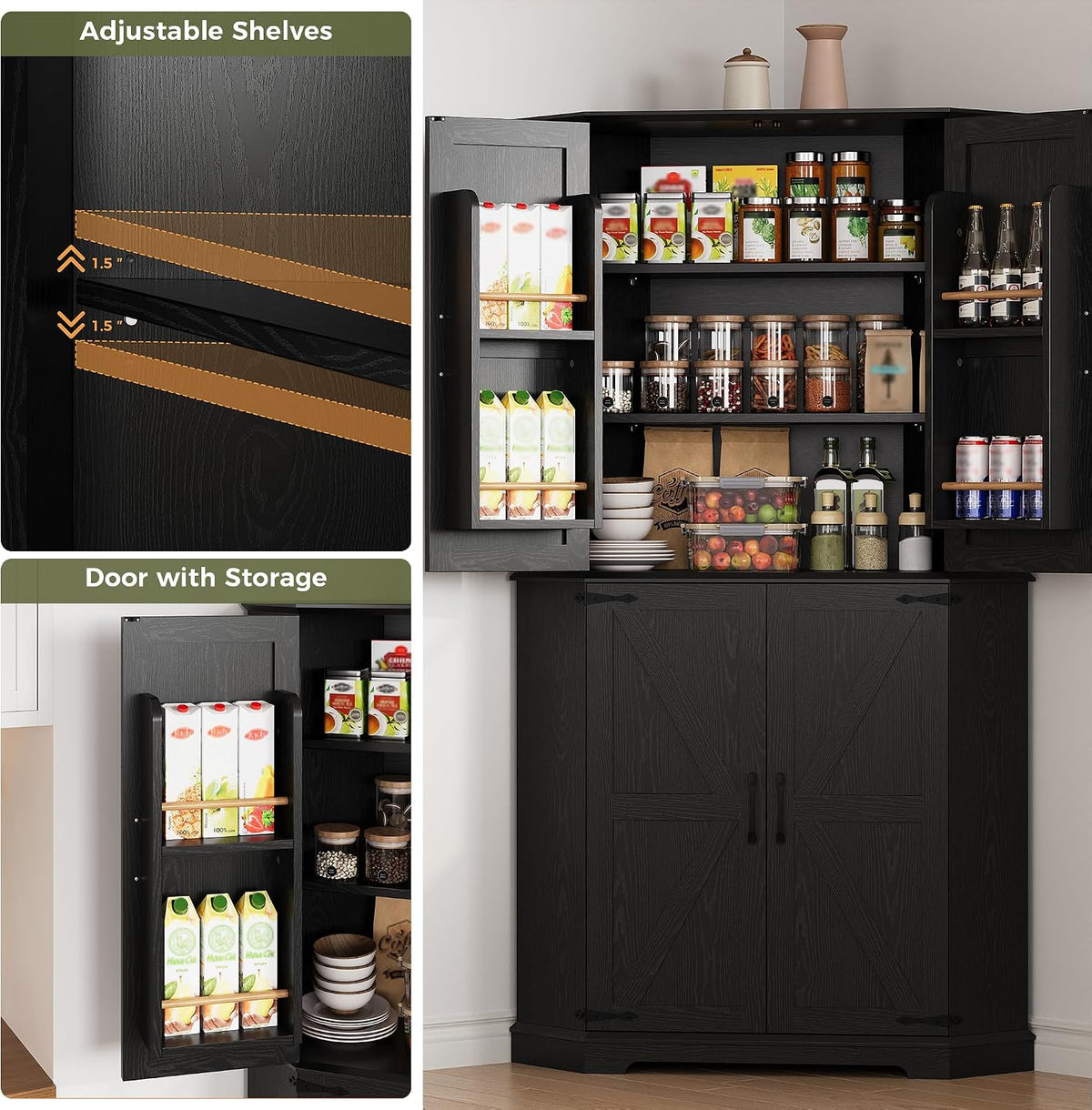 IRONCK Corner Cabinet, 72" Kitchen Pantry Cabinet, 6-Tier Freestanding Farmhouse Pantry with 2 Adjustable Shelves, 240°Swivel Doors, 2 Doors Storage, Spacious Hutch for Kitchen, Living Room, Black