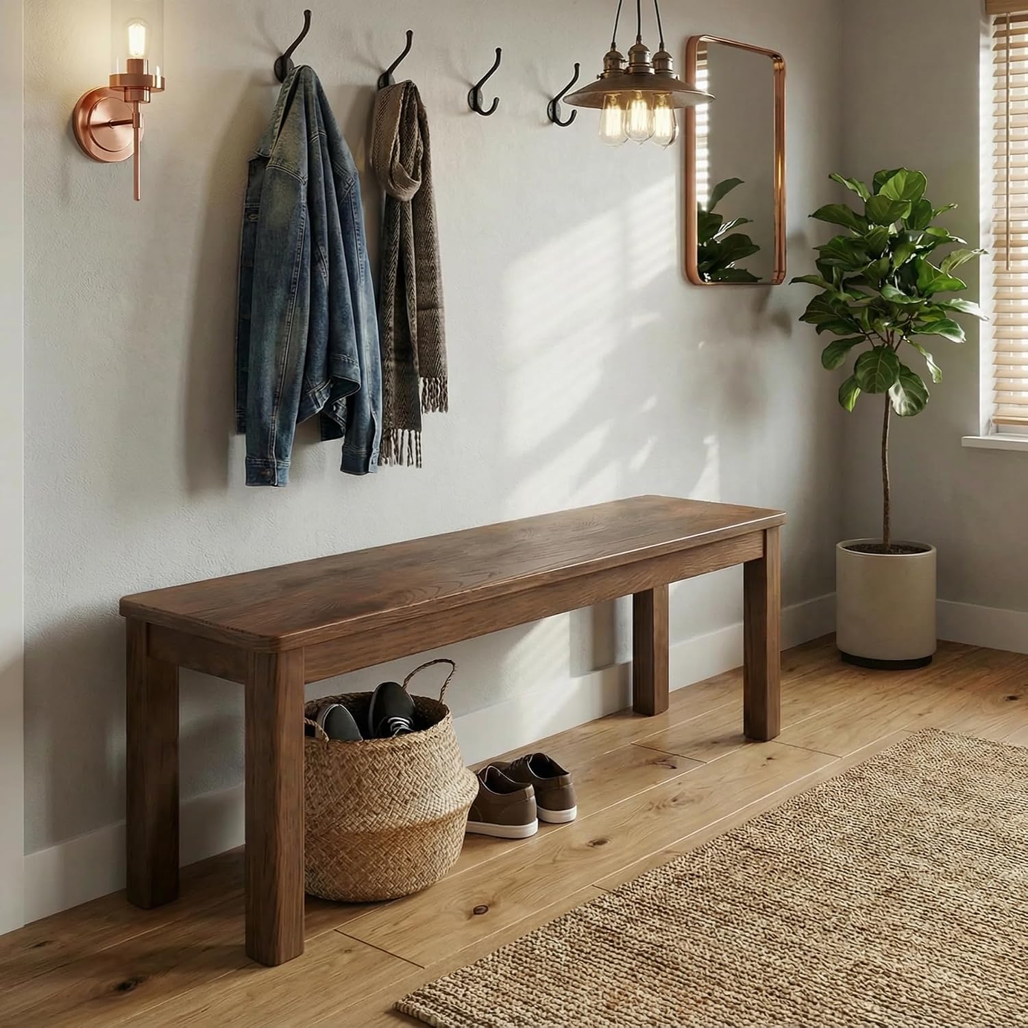 100% Solid Oak Wood Dining Bench, 39.6'' Entryway Bench Extra Chair Seat Long Ottoman with Squre End & Round Corner for Kitchen Living Room Bedroom, Walnut