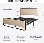 SHA CERLIN Queen Size Metal Bed Frame with Upholstered Headboard, Beige