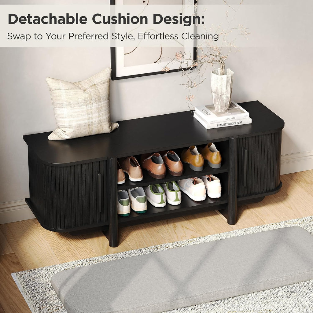 Maupvit Entryway Shoe Storage Bench with Sliding Doors, 2-Tier Upholstered Shoe Rack Bench with Hidden Storage, Wooden Shoe Organizer with Padded Cushion for Hallway, Mudroom, Bedroom, Black Finish