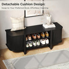Maupvit Entryway Shoe Storage Bench with Sliding Doors, 2-Tier Upholstered Shoe Rack Bench with Hidden Storage, Wooden Shoe Organizer with Padded Cushion for Hallway, Mudroom, Bedroom, Black Finish
