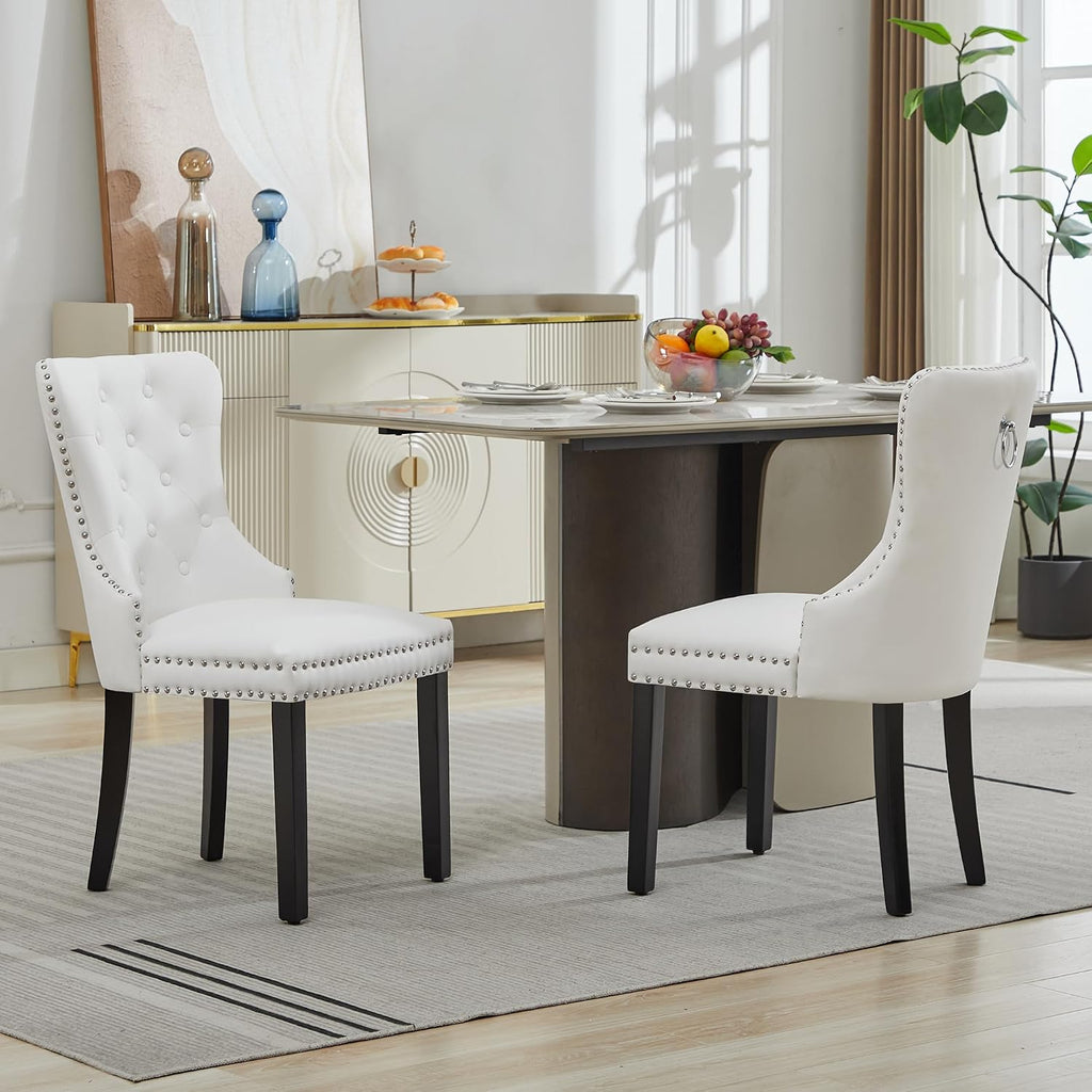 PU Leather Dining Chairs Set of 6, Upholstered Dining Room Chairs with Solid Wood Legs & Back Ring Pull Trim Ring, Modern Dining Chairs Perfect for Dining Room,Living Room,Kitchen, White