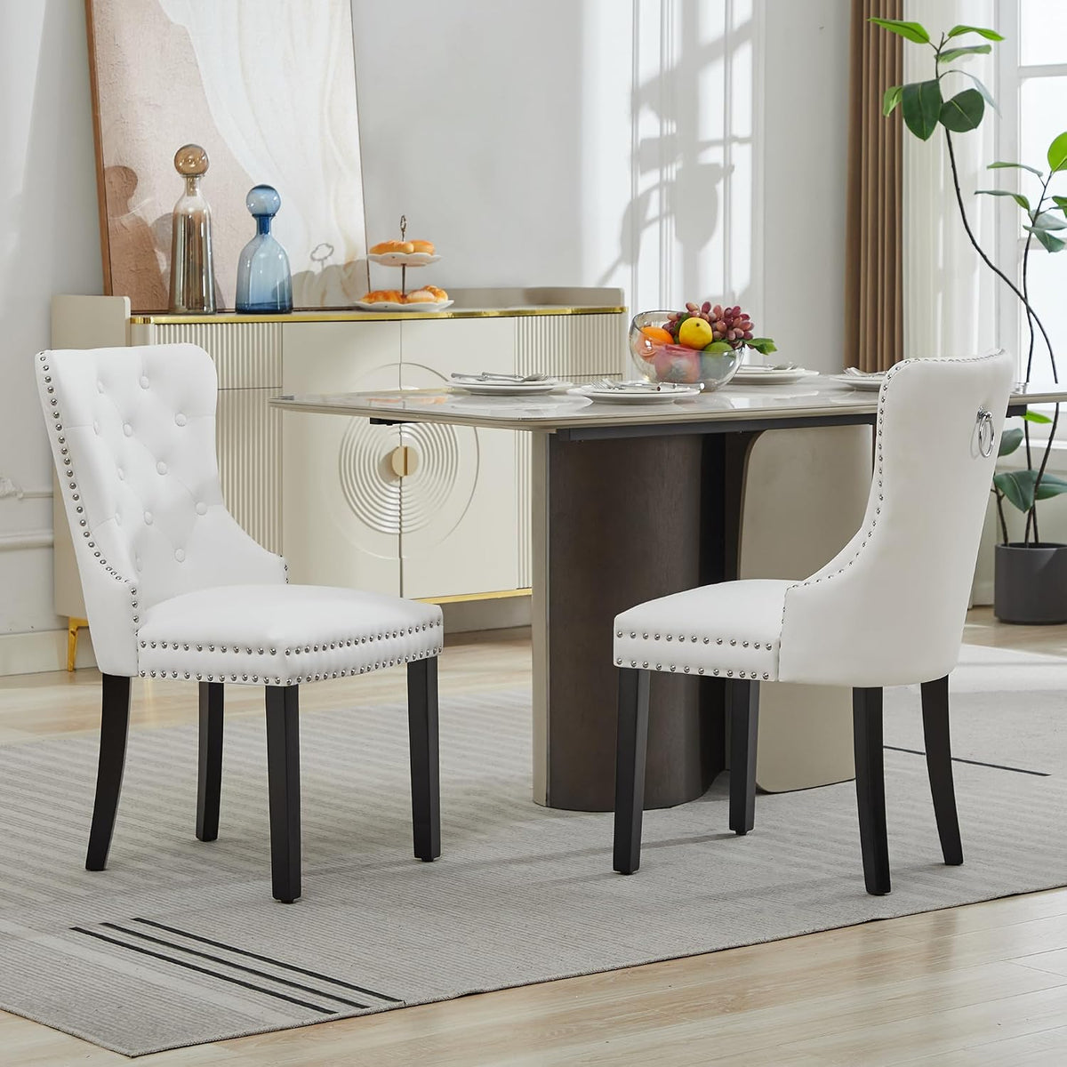 PU Leather Dining Chairs Set of 6, Upholstered Dining Room Chairs with Solid Wood Legs & Back Ring Pull Trim Ring, Modern Dining Chairs Perfect for Dining Room,Living Room,Kitchen, White