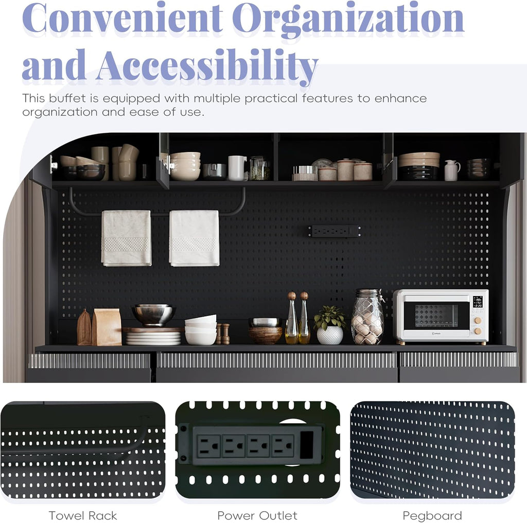 Freestanding Kitchen Pantry Cabinet with Hutch, Large Coffee Bar Storage Cabinet with Adjustable Shelves, Drawers, Pegboard, Towel Rack and Power Outlet (Black)