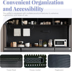 Freestanding Kitchen Pantry Cabinet with Hutch, Large Coffee Bar Storage Cabinet with Adjustable Shelves, Drawers, Pegboard, Towel Rack and Power Outlet (Black)