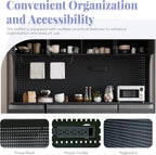 Large Pantry Cabinet with Hutch and Adjustable Shelves, Freestanding Coffee Bar Storage Cabinet with Drawers, Pegboard and Power Outlet for Kitchen, Dining Room (Black)