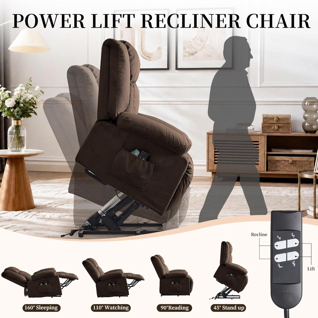 Korser Dual Motor Power Lift Recliner Chair for Elderly with Massage and Heat, Oversized Electric Recliner with Side Pockets, Living Room, Waffle, Brown