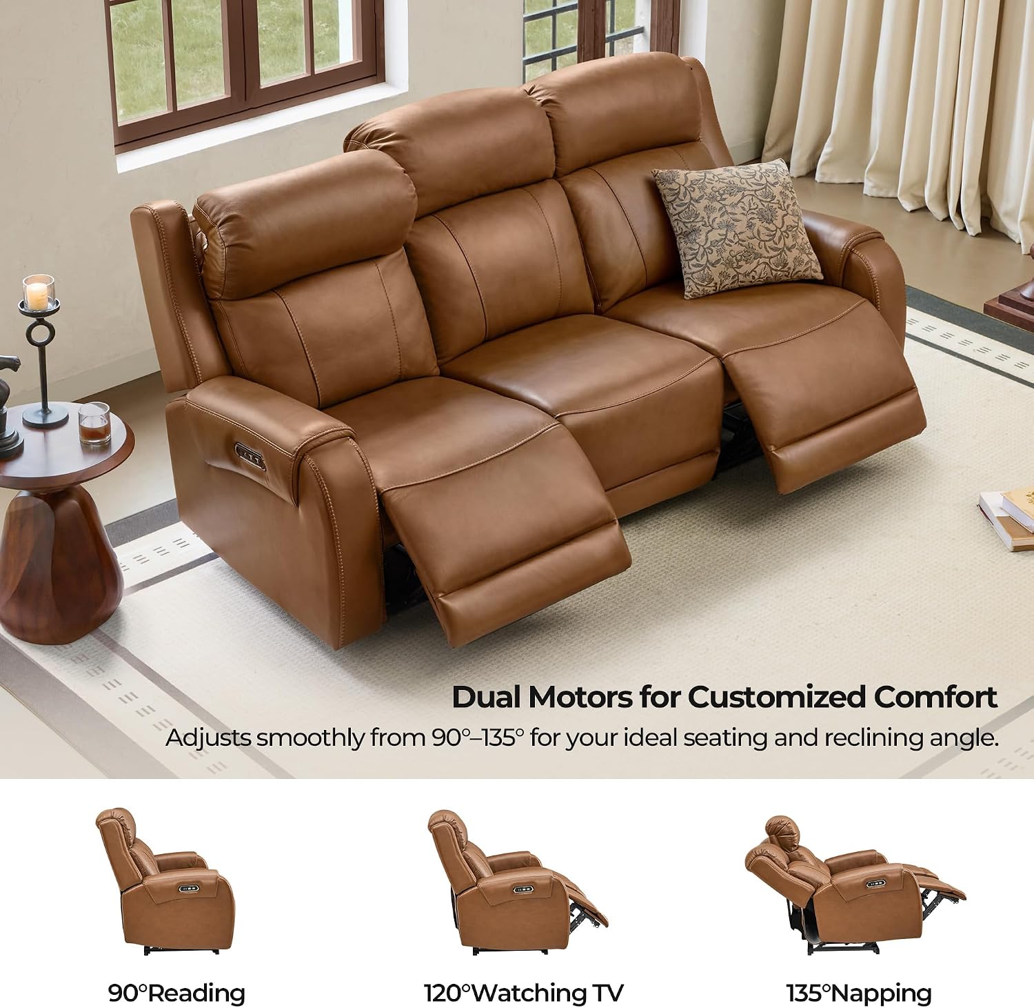 CHITA Genuine Leather Power Recliner Sofa, 3 Seater Reclining Sofa, Saddle