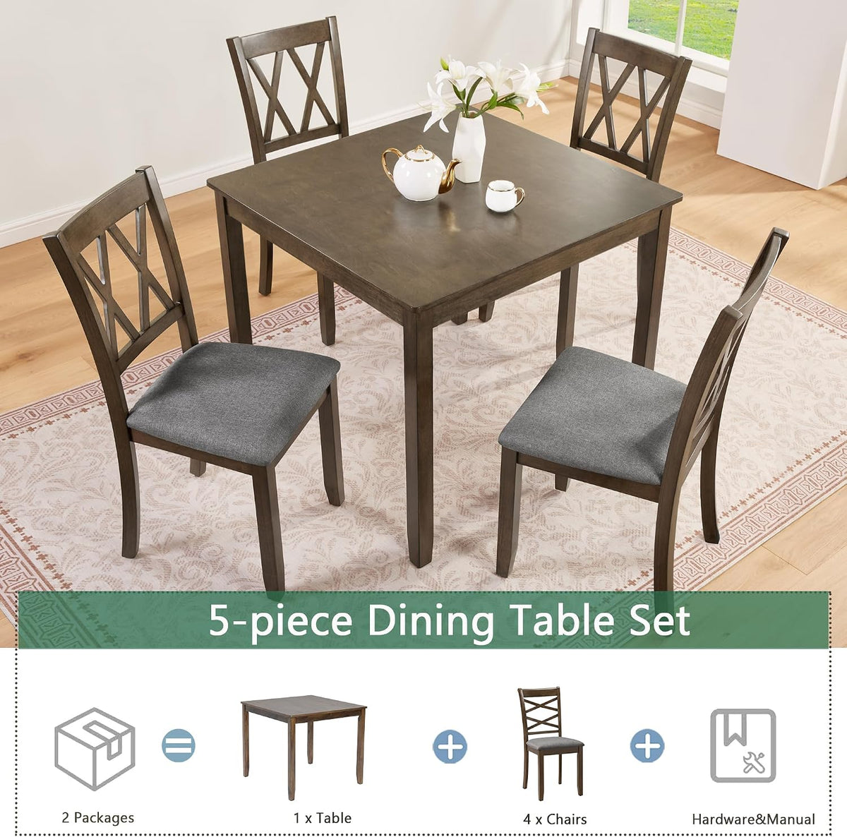 LUMISOL 5-Piece Solid Wood Dining Table Set for 4, Farmhouse Kitchen Table Set with 4 Upholstered Chairs for Kitchen, Dining Room, Living Room, Walnut